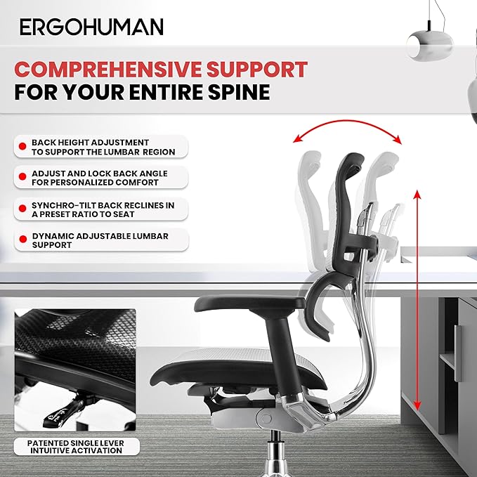 Ergohuman Eurotech ME8ERG GEN2 High Back Mesh Office Chair with Tilt Tension Control, Tilt Lock, Back Angle, Back Height, Synchro Tilt, Seat Height, Seat Depth, and Arm Height Adjustments, Grey