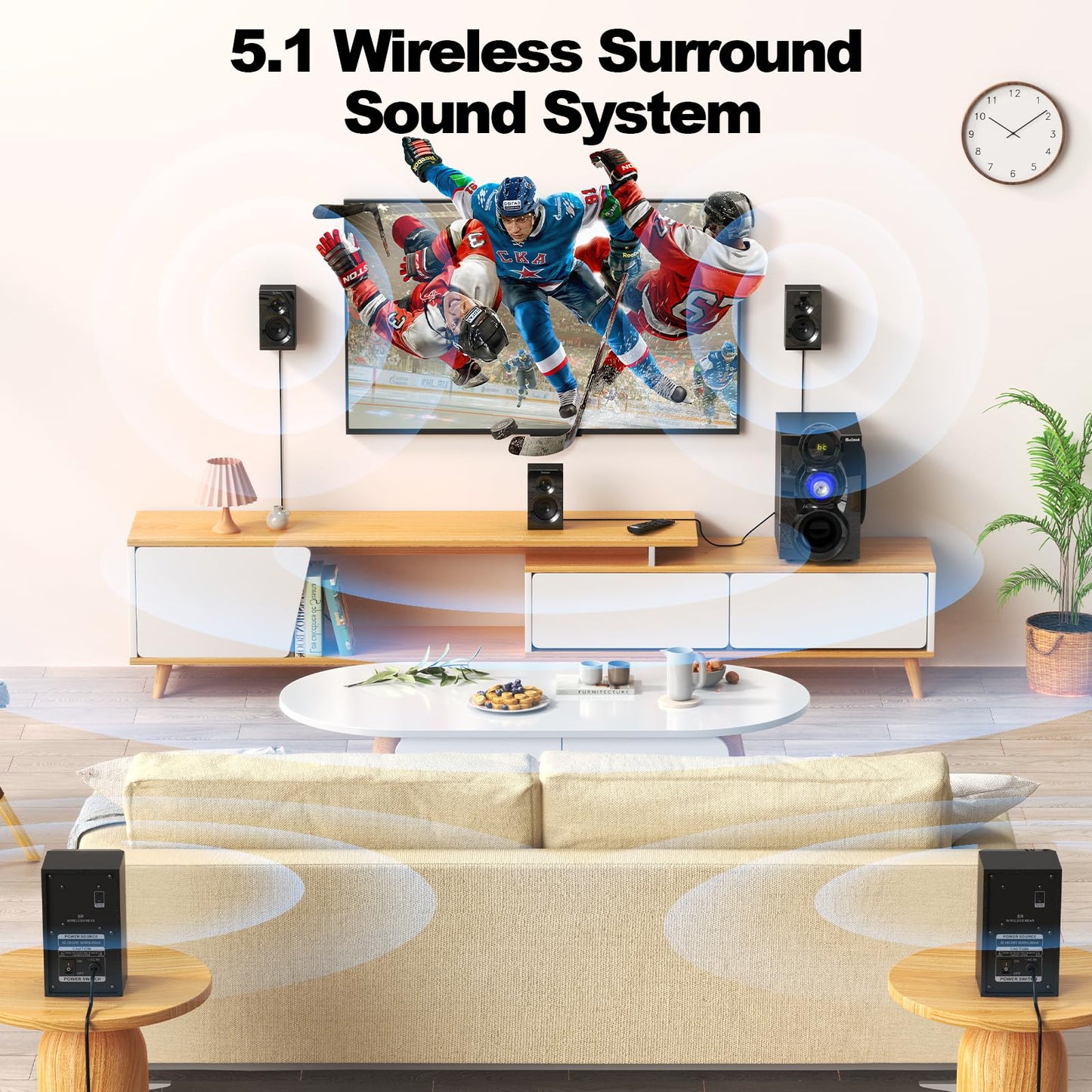 Bobtot Wireless Surround Sound System Home Theater System, 1000W Surround Speakers 8" Subwoofer 5.1/2.1 Channel Deep Bass with ARC Optical Bluetooth Karaoke Input