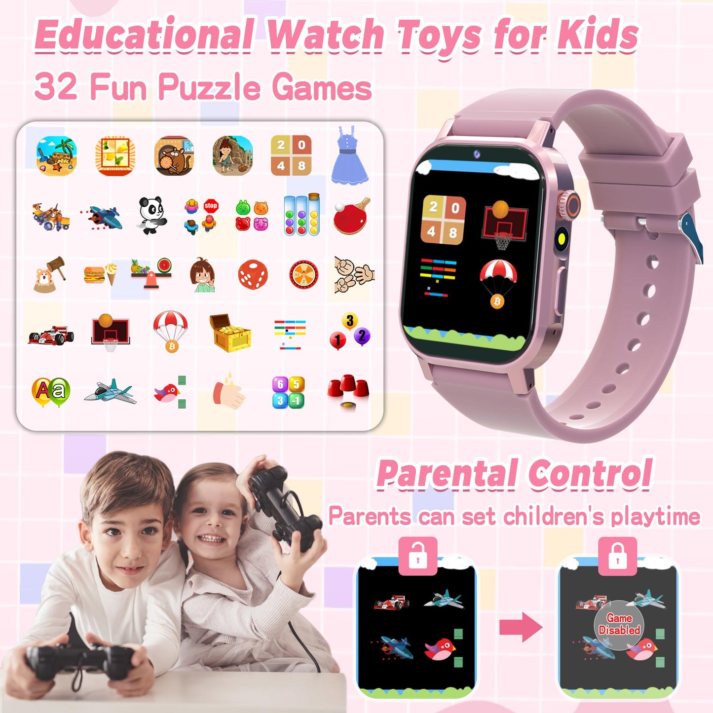 Kids Smart Watch Gifts for Girls Age 3-12, 32 Games HD Touch Screen Kids Watch with Camera Video Music Audiobook Pedometer Flashlight 12/24 hr Educational Toys Birthday Gift for Girls Ages 6 7 8 9 10