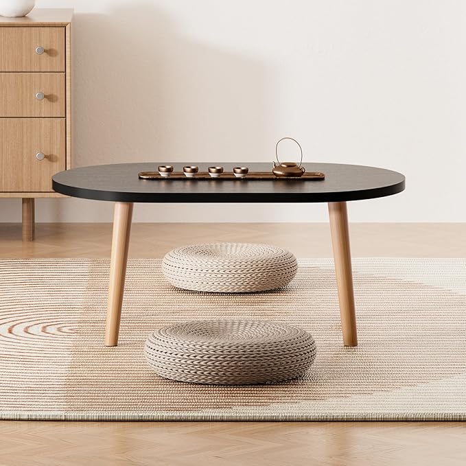 Small Coffee Table for Small Space, Low Table, Floor Table Desk for Sitting on The Floor, Japanese Coffee Table for Living Room, Tatami Tea Tables with Solid Wood Legs, Oval Coffee Tables, Black