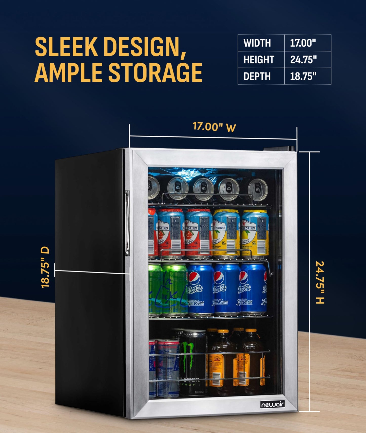 NewAir 90 Can Beverage Refrigerator | 17” Freestanding Small Mini Fridge for Bedroom, Home Bar or Office | Quiet Compressor Cooling & Adjustable Shelves | Stainless Steel