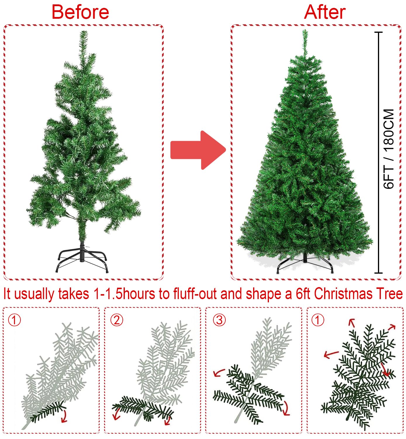 RooTrimmer Christmas Tree, 6 FT Artificial Christmas Tree, Unlit Christmas Pine Tree Full with 800 Branch Tips, Foldable Base and Metal Hinges for Indoor Outdoor Party Decorations (Green)