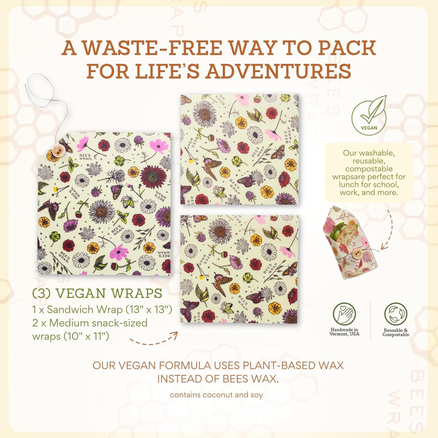 Bee's Wrap Vegan Beeswax Wraps for Food - Vegan Meadow Magic 3 Pack (2M 1 Sandwich) Made in USA Reusable & Organic Food Wraps, Sandwich Wrap - Eco-Friendly Alternative to Aluminum Foil & Plastic Wrap