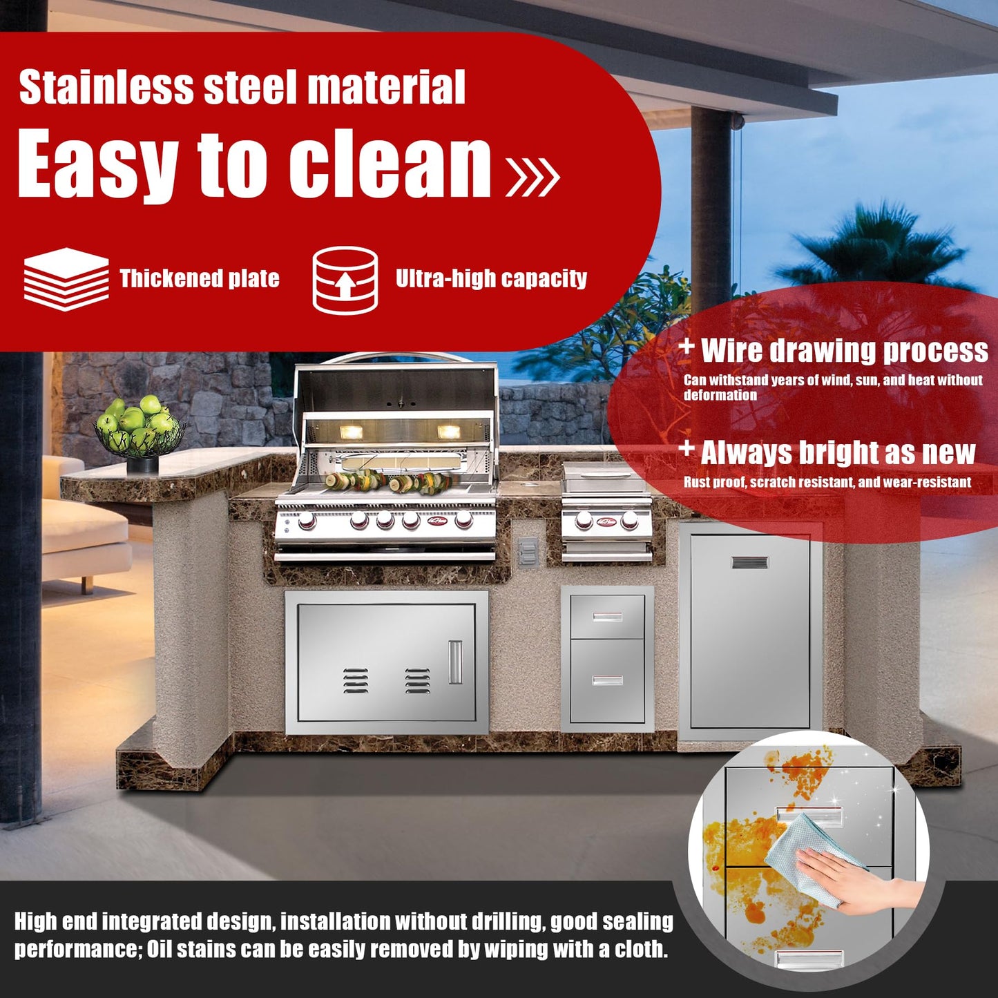 Fsehyue Outdoor Kitchen Triple Layer Drawer 16'' W x 21.6'' H x 18'' D Flush Mount BBQ Access Drawers Stainless Steel BBQ Island Drawers with Handle Suitable for Outdoor Kitchen Island Grill Station
