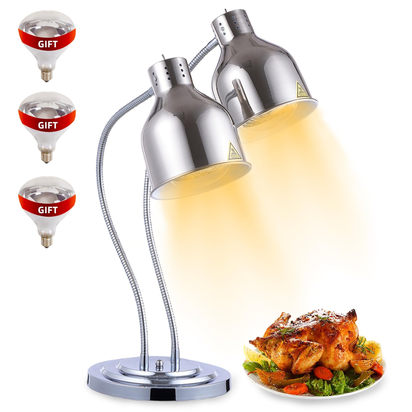 RVGMBO Food Heat Lamp - [3 Bulbs Included] [Rapid-Heating], 500W Commercial Food Warmer Light, Heat Lamp for Food, Catering Warming Lamp for Buffet Parties, Polished Silver,N2