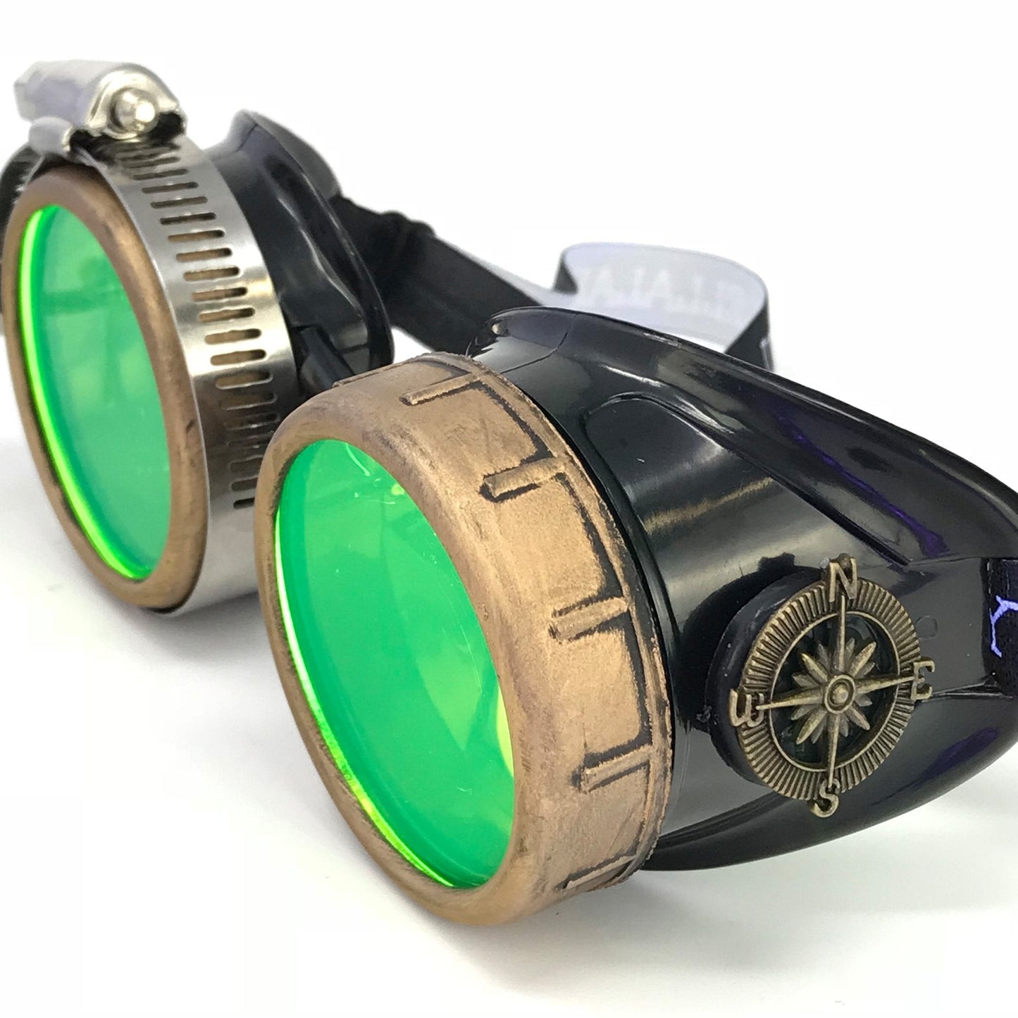 UMBRELLALABORATORY Steampunk Victorian Style Goggles with Compass Design, Neon Green Lenses & Ocular Loupe