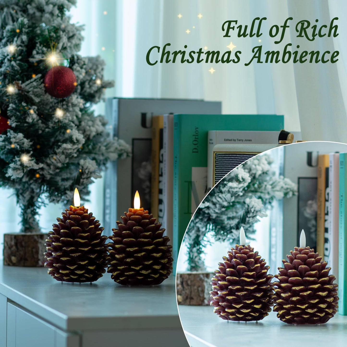 AFINETH Christmas Flameless Pinecone Candles with Remote, Real Wax Battery Operated Pine Cone Candles, 2 Pack Flickering Led Candle Christmas Decorations for Winter Home Holiday Xmas Gift, Brown