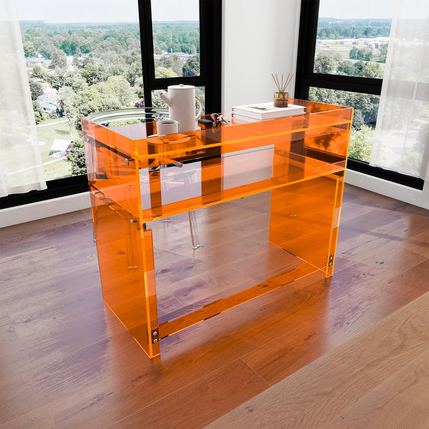 KSacry Acrylic Desk with Retaining Edge, Acrylic Console Table, Clear Art Desk for Office, Study, Bedroom, Entrance Decor (17.7" D x 39.4" W x 31.5" H, Orange)