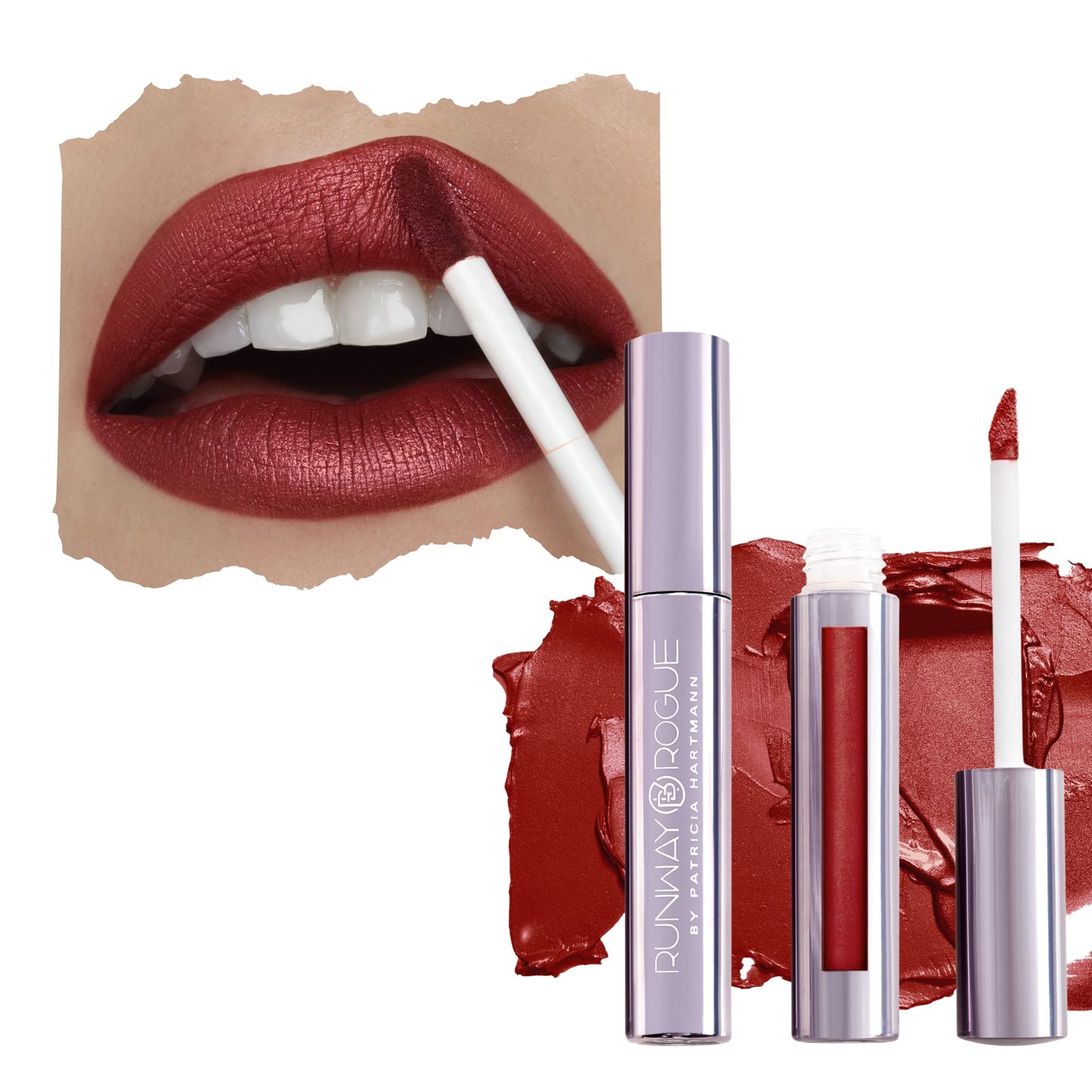 Runway Rogue Pearl Glam Long Wear Shimmer Liquid Lipstick, Metallic Warm Brick-Red Lipstick with Silver and Gold Shimmer, Showti