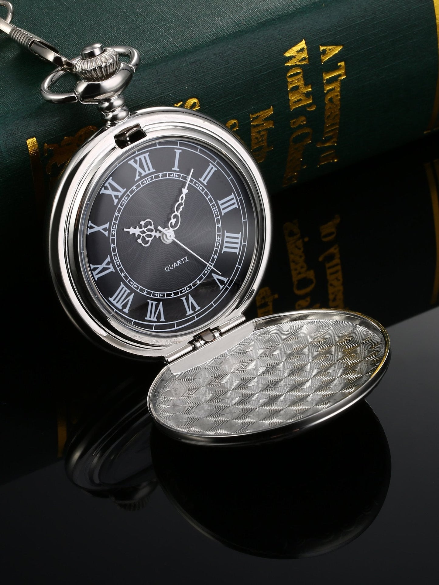 Hicarer Quartz Pocket Watch for Men with Black Dial and Chain Vintage Roman Numerals Christmas Gifts Birthday (Silver)