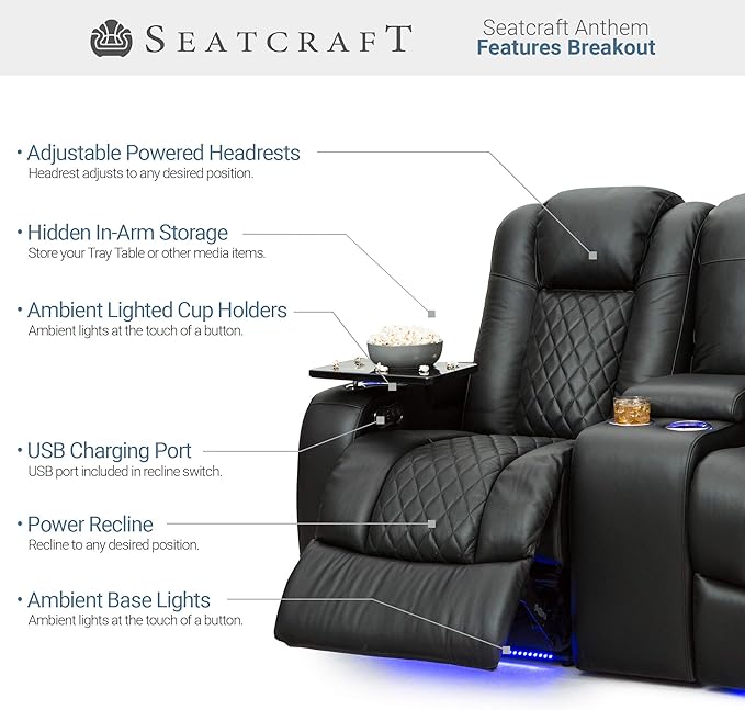 Seatcraft Anthem Home Theater Seating - Italian Leather - Power Recline Loveseat - Center Storage Console - Powered Headrests - Arm Storage - USB Charging - Cup Holders, Black