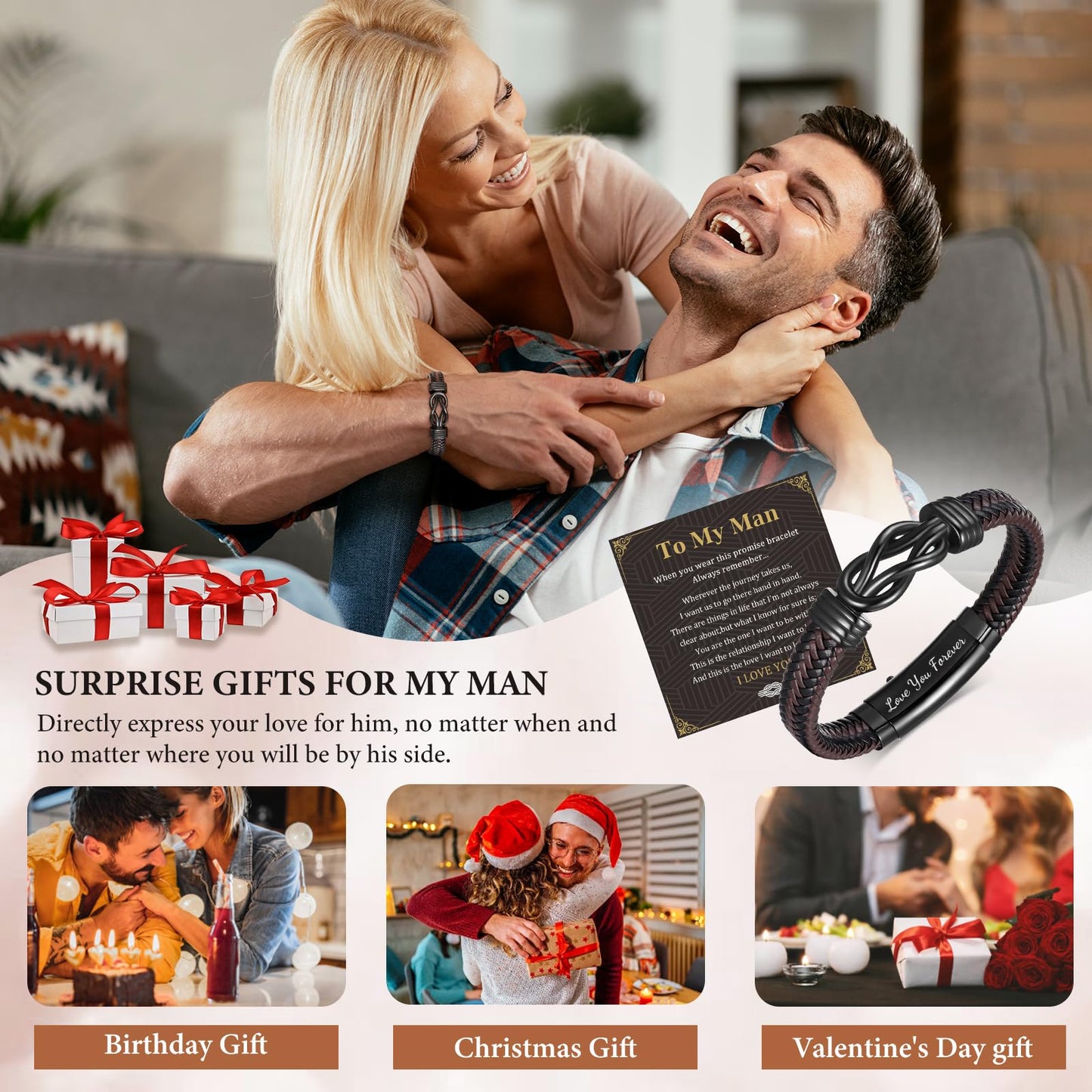 MEALGUET to My Man Bracelets Gifts- Brown Braided Leather Infinity Knot Bracelets Engraved Letter Love You Forever for Husband from Wife Birthday Christmas