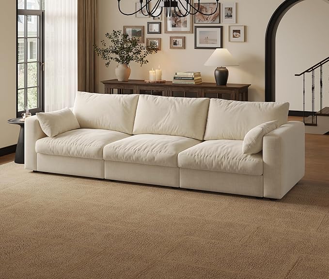 Cloud Modular Sectional Sofa Couch, 99" Oversized Sectional Couches for Living Room, Cloud Modular I-Shaped Sofa with Chaise, 3 Seater, Chenille, Beige