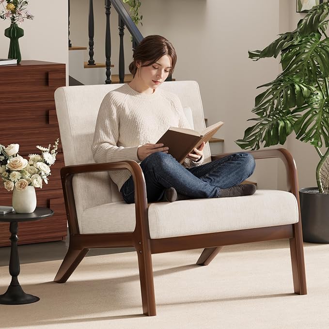 ELUCHANG Mid-Century Modern Chair,Accent Chair with Lumbar Pillow,Upholstered Armchair,Linen Fabric Comfy Reading Chair Beige, Linen, Set of 1