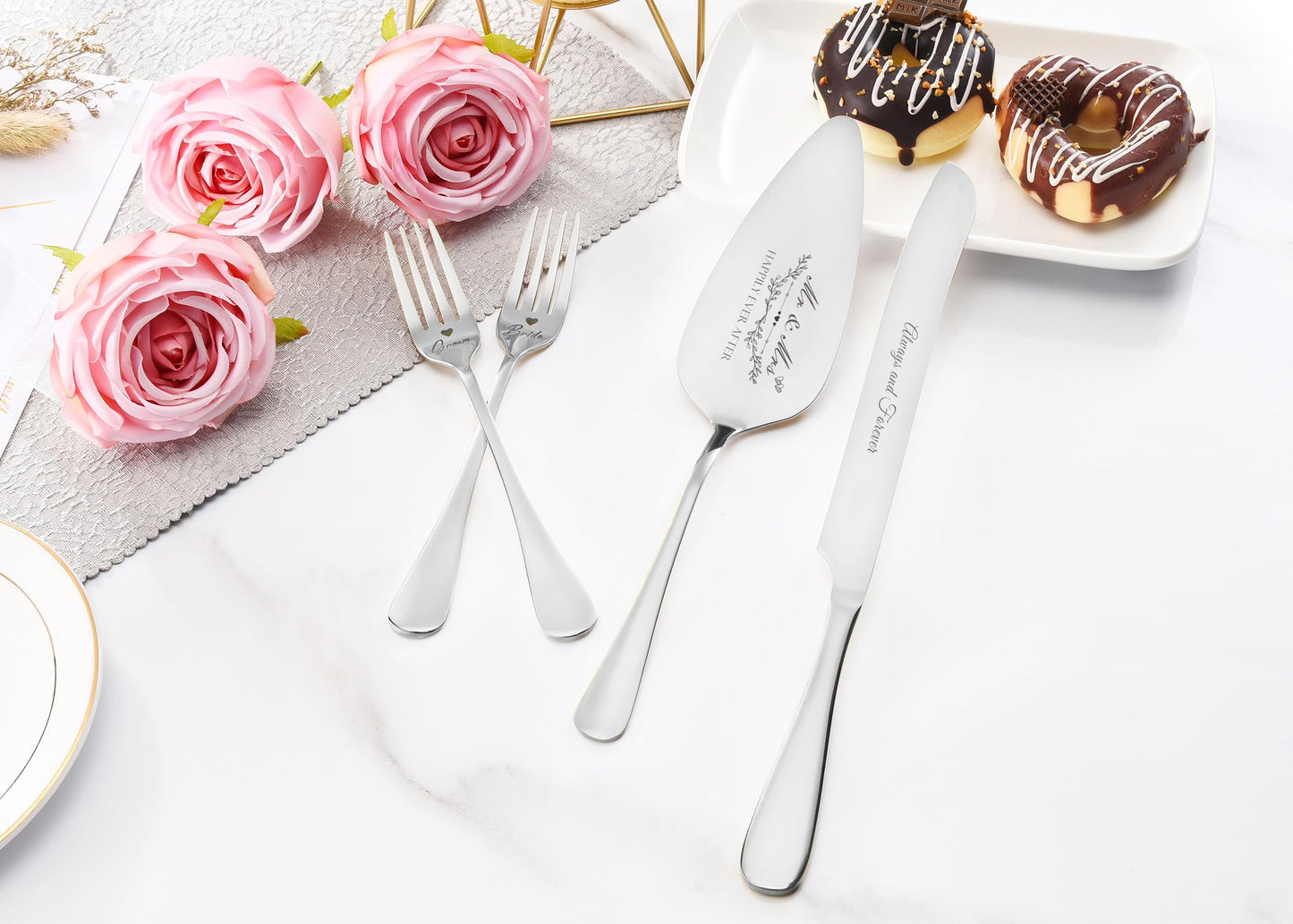 Wedding Cake Knife and Server Set, Silver Cake Cutting Set for Wedding, 4 Pieces Set with Forks for Engagements, Anniversaries, Bride and Groom