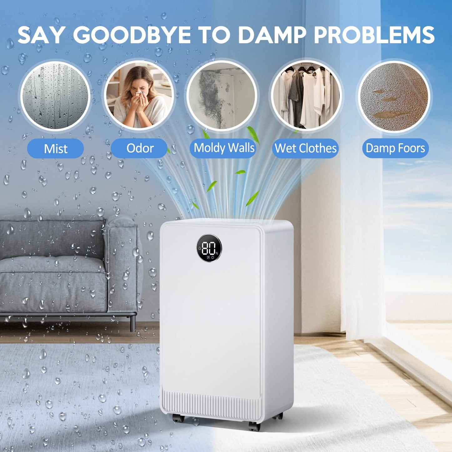 Kol Air 2500 Sq.Ft Dehumidifier with Drain Hose for Basement and Home Large Bedroom Bathroom, 35 Pints Dehumidifiers with Auto Shut Off, Intelligent Humidity Control, Auto Defrost, 3 Modes, 24HR Timer