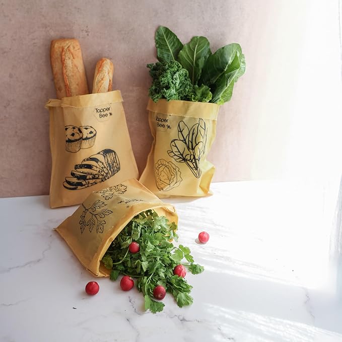 Reusable Beeswax Bags – Set of 3 Bread & Herb Storage Wraps – Waxed Cotton, Plastic-Free, Handmade in Chile by Tapper Bee