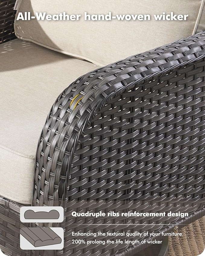 7-Piece Wicker Patio Furniture Set, All-Weather Rattan Conversation Bistro Loveseat Chair and Patio Rockers Set for Backyard, Balcony and Deck with Soft Cushions and Metal Table(Beige)