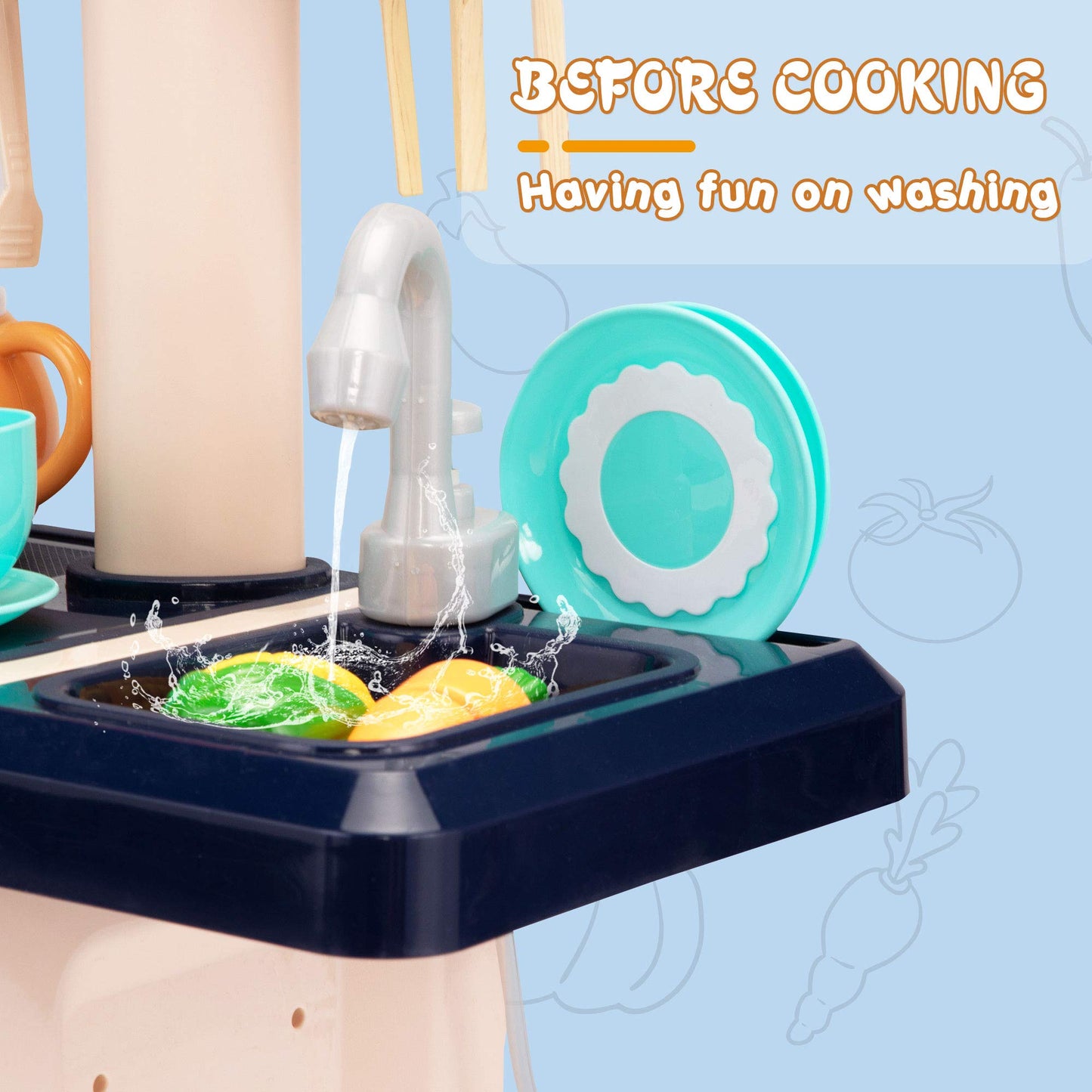 SANDINRAYLI Play Kitchen, Kids Kitchen Playset for Kids Ages 4-8, Toy Kitchen with Spray Stove, Oven, Sink, Dishwasher, Pretend Kitchen Set for Toddlers 3-5 with Real Sounds and Light, Blue