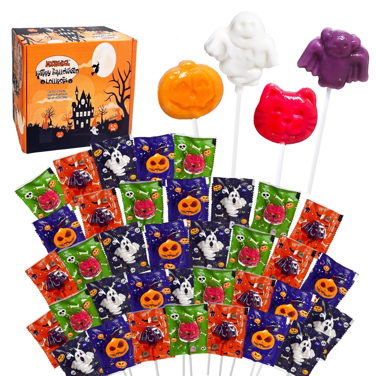 Halloween Lollipop Suckers Candy 36 Pack, Spooky Candy Lollipops, Pumpkin, Bat and Cat Candy Sucker Lollipops Individually Wrapped for Halloween Goody Bag Fillers - Trick or Treat