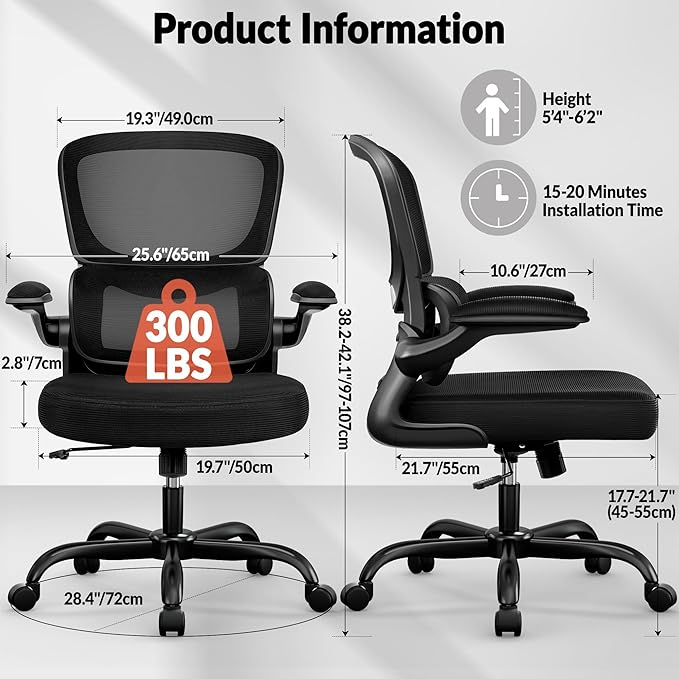 BESTFAIR Office Chair Ergonomic Desk Chair, Breathable Mesh Comfy Chair with Lumbar Support, Computer Chair, Home Desk Chair with Flip-up Armrests, Gaming Chair for Adults Home Office (Black,8Pack)