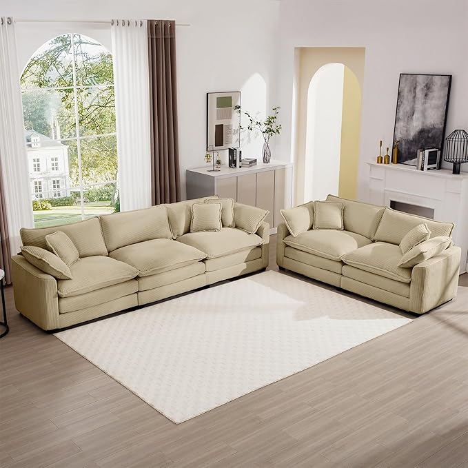 mikibama Luxury 2 Piece Sofa Set, 3-Seater & Loveseat Couch Set, Modern Corduroy Comfy Cloud Couches Set for Living Room Office with 4 Armrest Pillows and 5 Toss Pillows, Camel