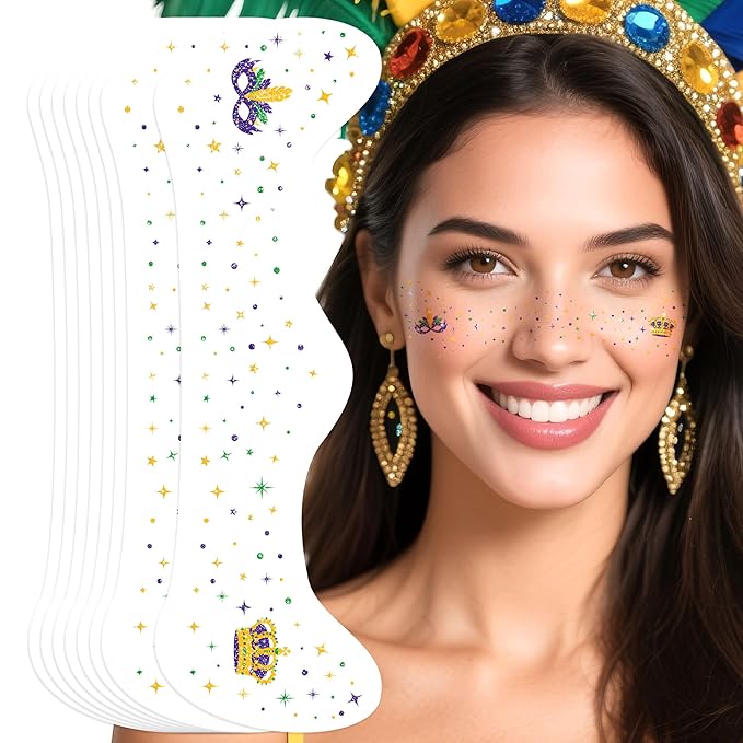 Paminify Mardi Gras Face Glitter Freckles Tattoos,Mardi Gras Outfit for Women,Waterproof Green Gold Purple Temporary Face ...