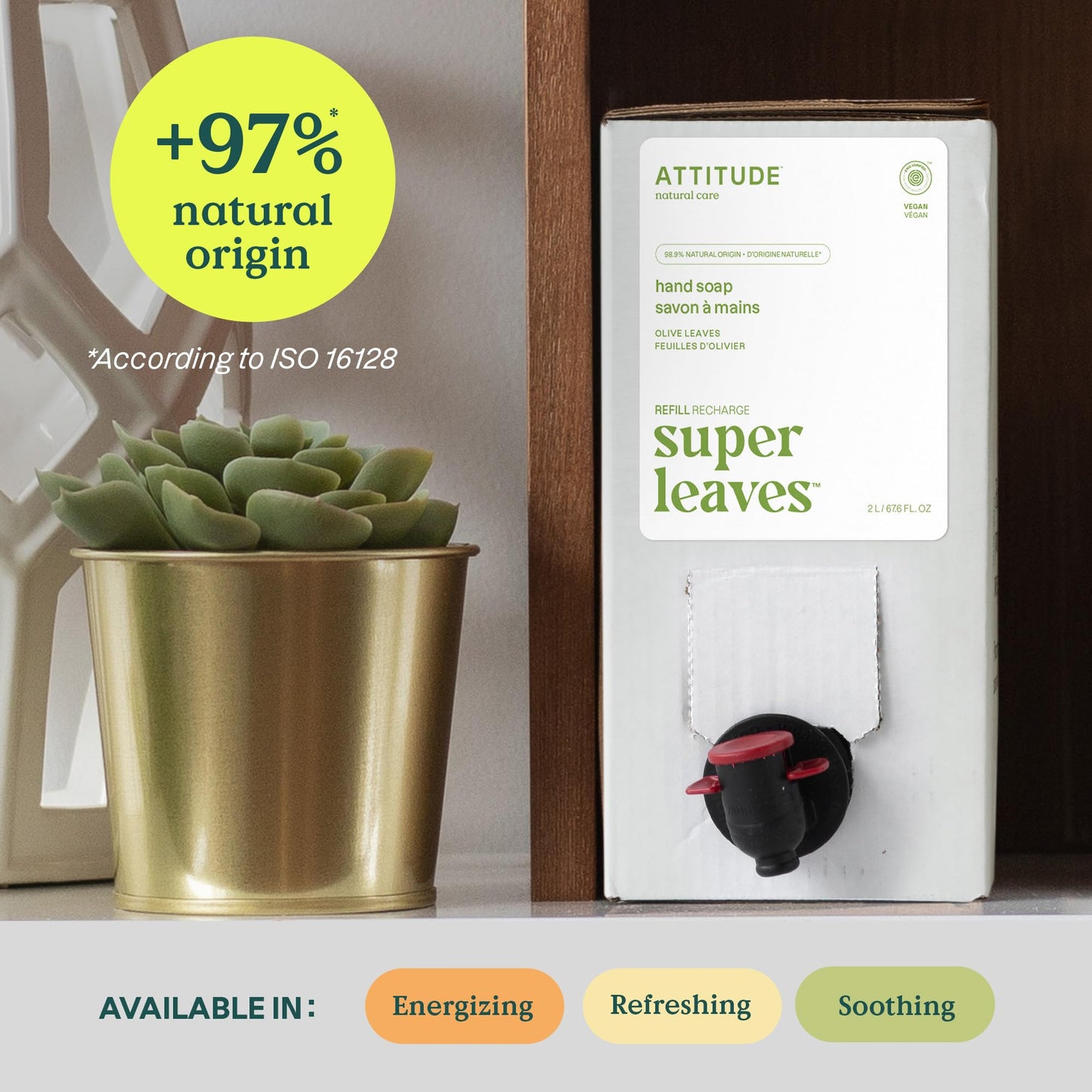 ATTITUDE Liquid Hand Soap, EWG Verified, Plant and Mineral-Based, Vegan Personal Care Products, Olive Leaves, Bulk Refill Format