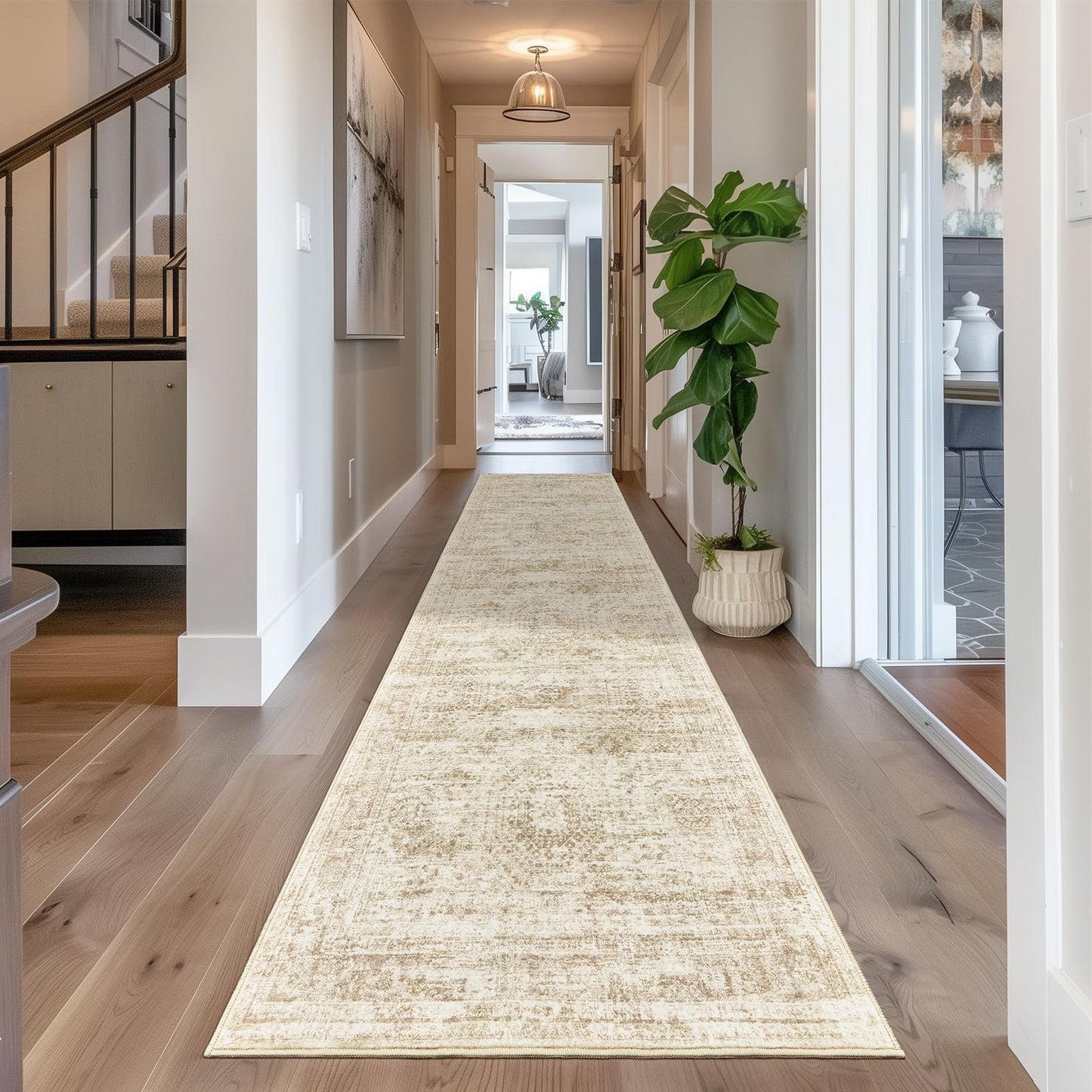 Restydon Long Hallway Runner Rug - Runners for Hallway 12ft, Anti Slip Backing Washable Rug for Bathroom, Entrance, Living Room, Soft Low Pile Mordern Runner(2'x12', Beige/Ivory)