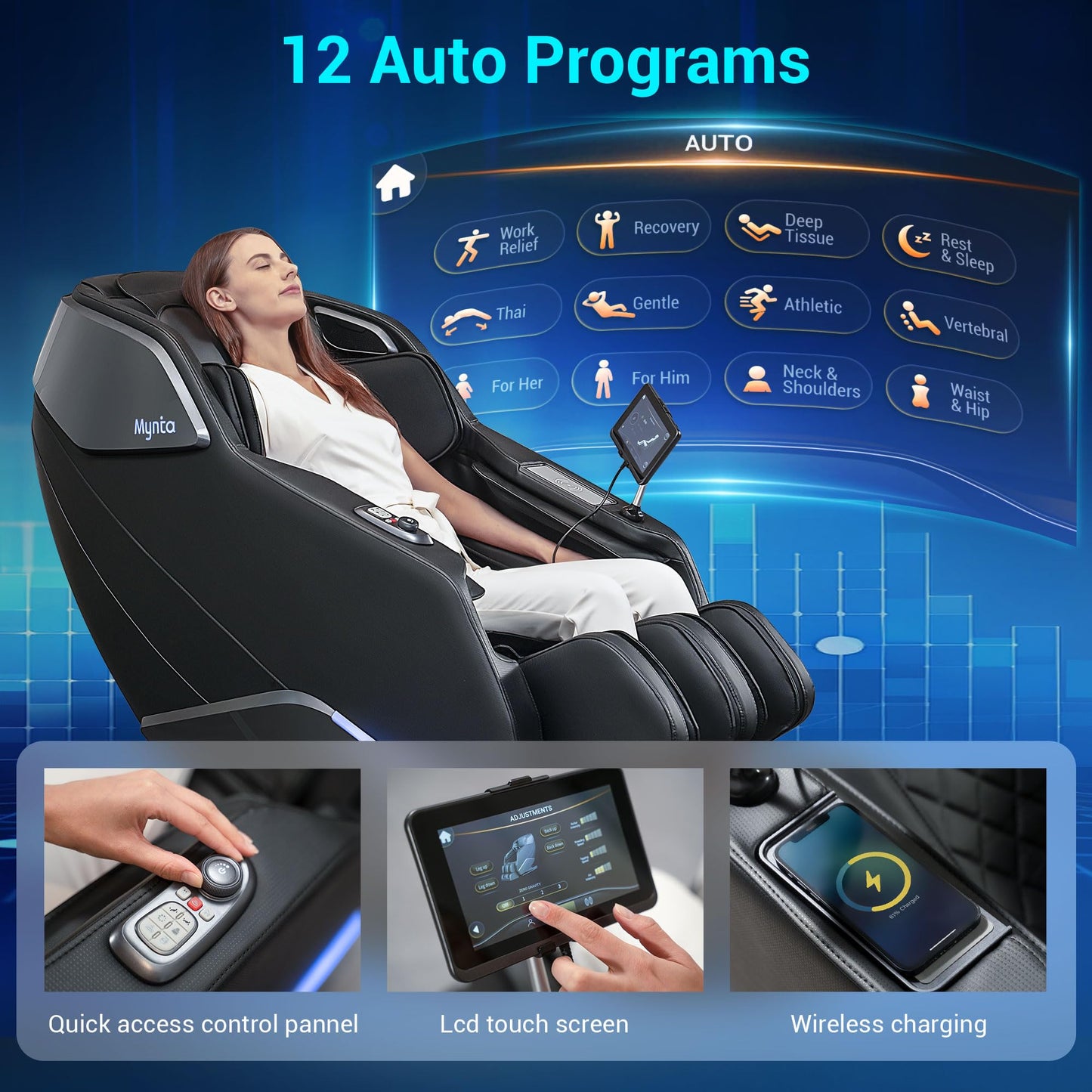 MYNTA Massage Chair Full Body with Heat, Zero Gravity SL-Track Shiatsu 3D Massage Chairs with 12 Modes,12 Massage Techniques, Waist Hip Heating, Calf Foot Massage, HD Bluetooth Speaker & White Noise