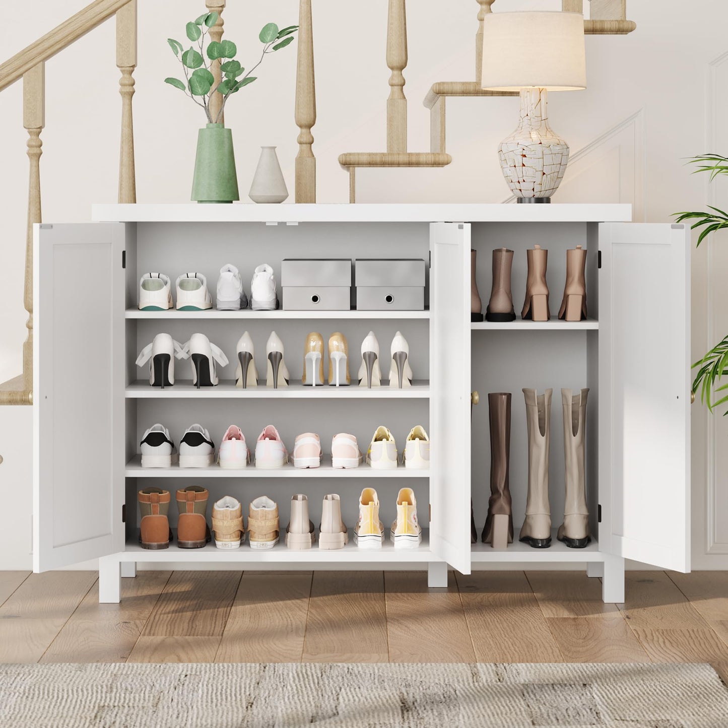 GarveeHome Shoe Cabinet with Doors, Farmhouse 35'' Shoe Storage Cabinet, 4-Tier Entryway Shoe Storage, Large Shoe Organizer Cabinet for Living Room Hallway, White