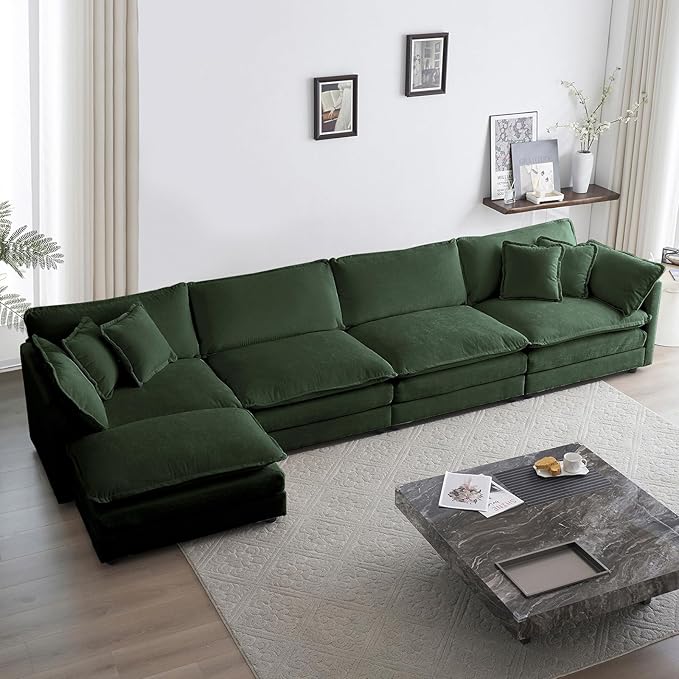 KIVENJAJA Oversized L-Shaped Modular Sectional Sofa, Modern Comfy Chenille 4-Seater Deep Seat Cloud Couch with Ottoman/Chaise & 6 Pillows for Living Room Office, 146.5”W, Green