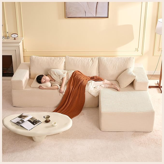Afuson 107" Boneless Couch with Deep Seat, Modular Sectional Sofa, Cloud Sectional Couch for Living Room, No Assembly Required, Corduroy, L-Shape Right, White