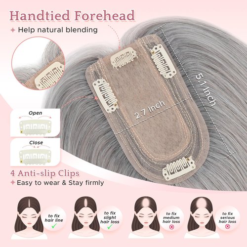 SEGO Grey Hair Toppers for Women Real Human Hair No Bangs, 7 * 13 CM Silk Base Clip In Topper Wiglet, Top Pieces for Women with Thinning Hair -6 Inch G1 Silver Grey