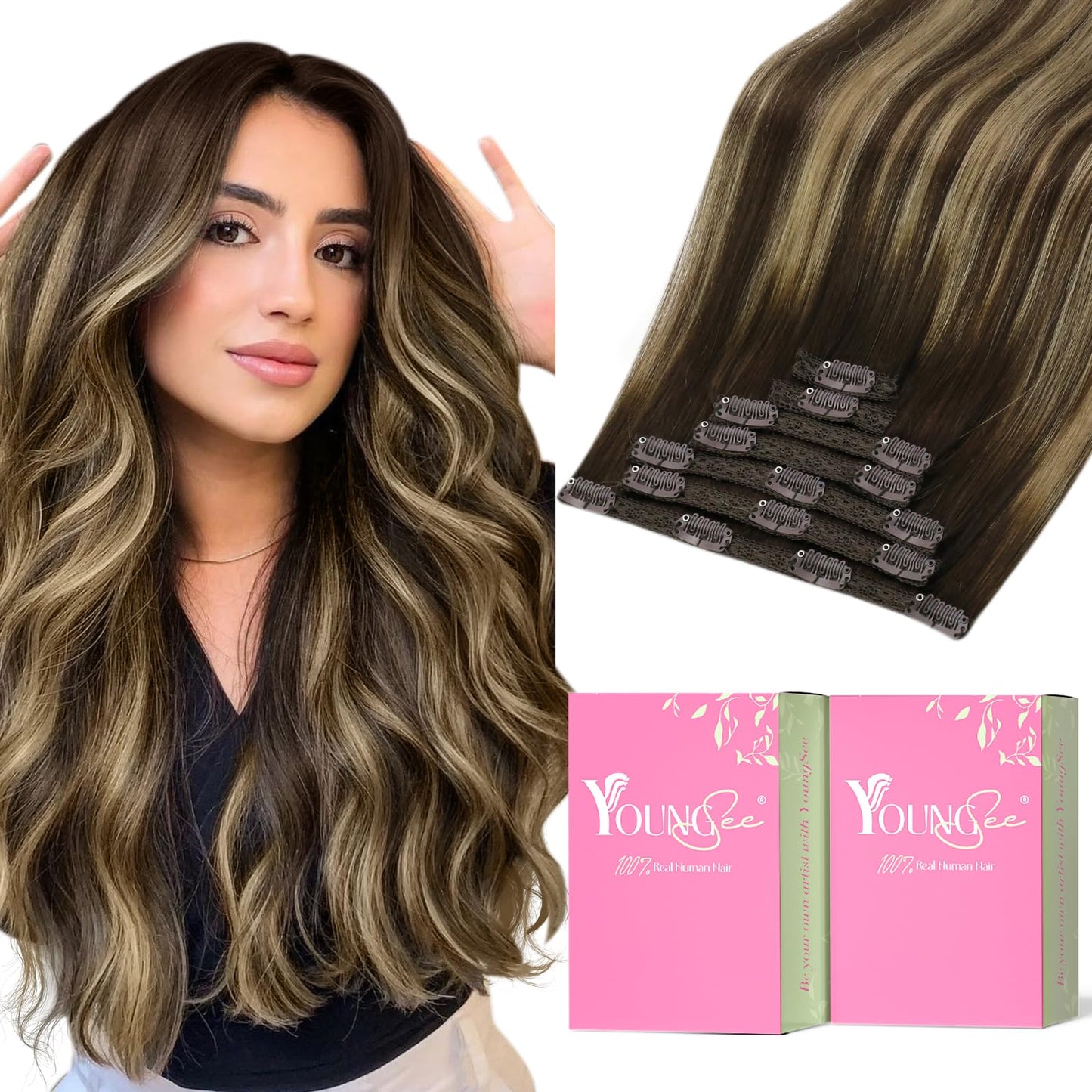 YoungSee Clip in Human Hair Extension Balayage Hair Clip in Extensions Chocolate Brown Balayage Caramel Brown Clip in Hair Exten