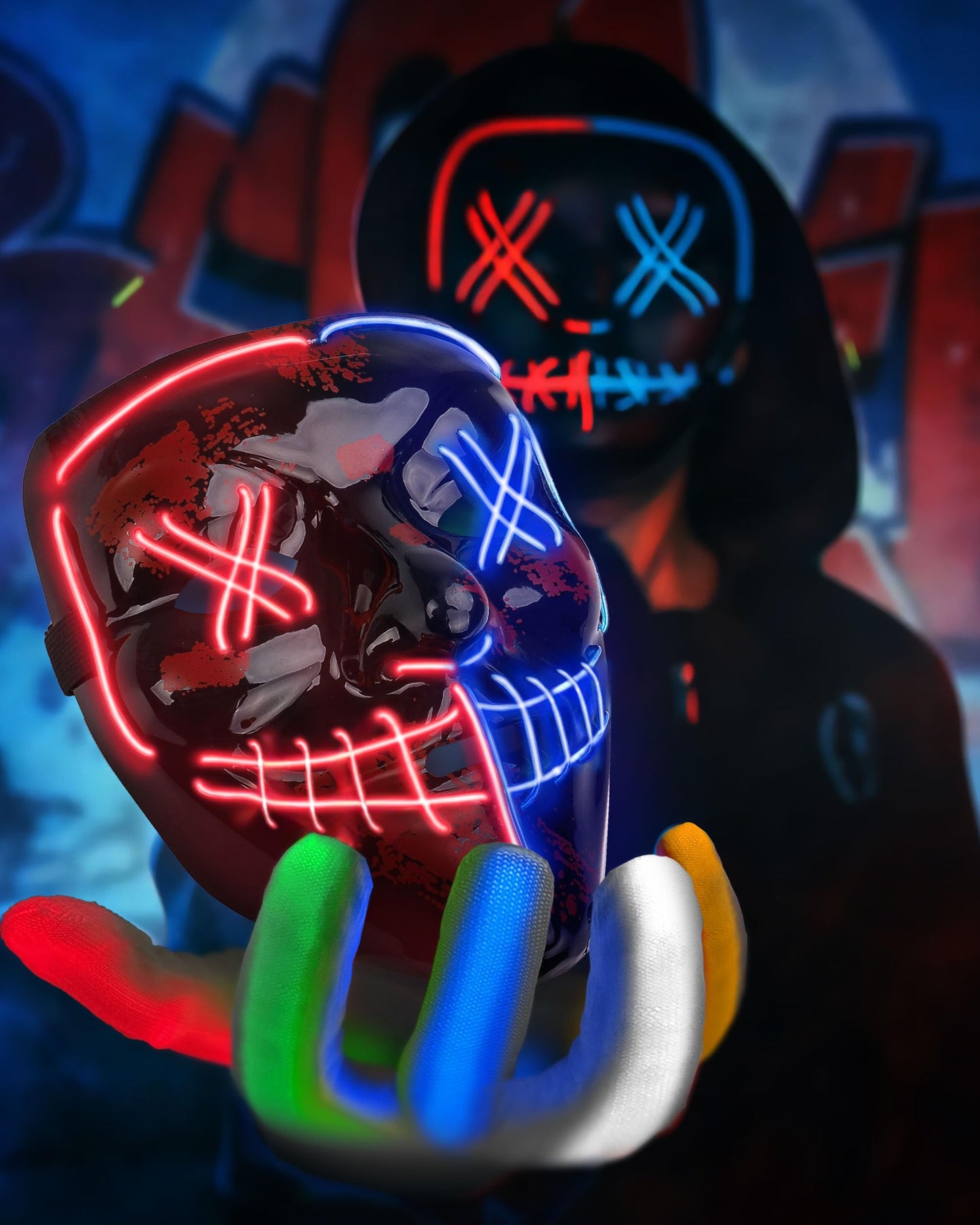 STONCH Halloween Glow Mask Skeleton Gloves Set, 3 Modes Light Up Scary LED Mask with LED Glow Gloves, Halloween Costumes glow purge Masks