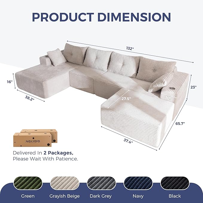 MAXYOYO 132" Giant U-Shaped Modular Sectional Couch, Modern Boneless Couch for Living Room, Sofa in A Box, Oversized Sofa Sleeper with Deep Seat, No Assembly Required, Grayish Beige