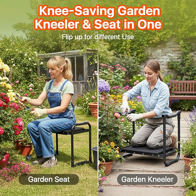 Poraise Garden Kneeler and Seat Heavy Duty, Wider and Thicker Kneeling Pad for Foldable Gardening Stool with 2 Tool Pouches, Gardening Gifts Tools for Women Mom Men Seniors