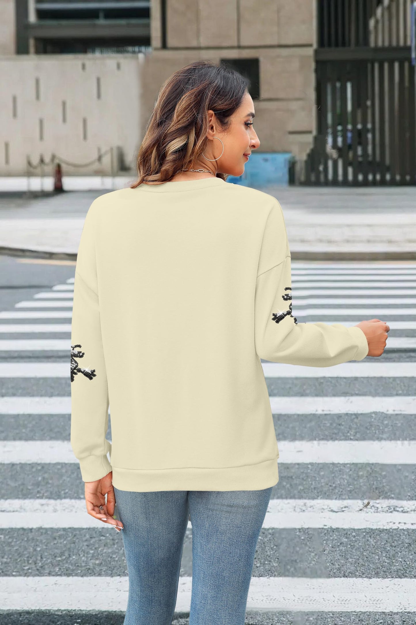 MYHALF Halloween Sweatshirts Women Colorful Sequin Ghost Graphic Pullover Shirt Halloween Witch Crewneck Sweater Apricot