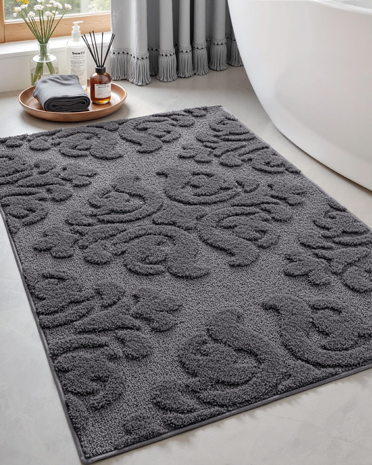 DEXI Bathroom Rug 24x36, Non Slip Washable Bath Mat for Shower Floor, Absorbent Soft Bathmat with Rubber Backing, Plush Fluffy Microfiber Floral Retro Carpet, Dark Grey