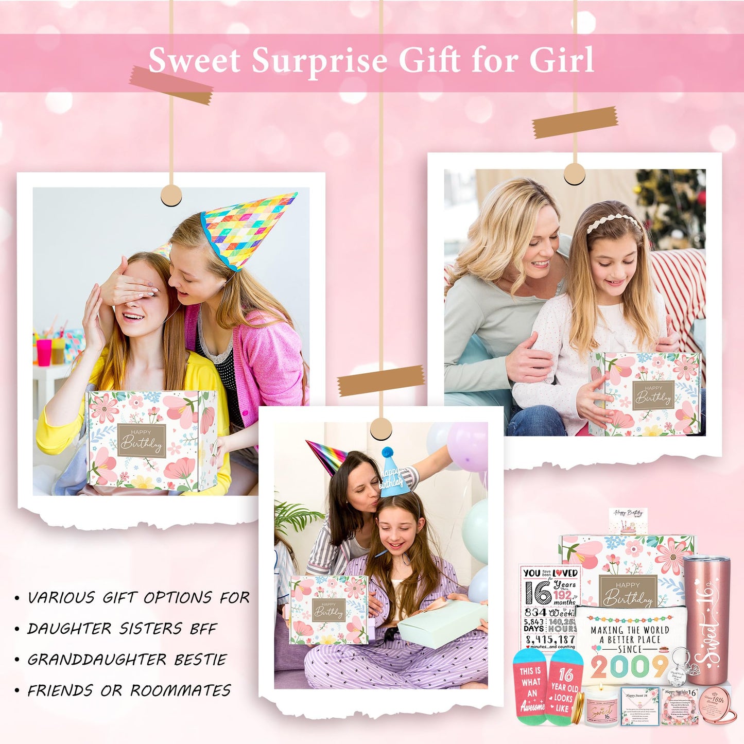 Sweet 16 Gifts for Girls Happy 16th Birthday Gifts for Girls Sweet Sixteen Gift for 16 Year Old Girl Trendy 2025 Pink 16 Year Old Girl Birthday Gift Ideas 16th Decoration for Granddaughter, Daughter