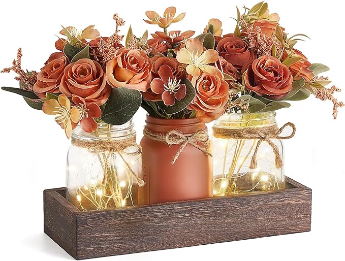 Mkono Mason Jar Lights Centerpiece Table Decorations for Dining Room Farmhouse Coffee Table Decor Tray with 3 Jars Flowers...