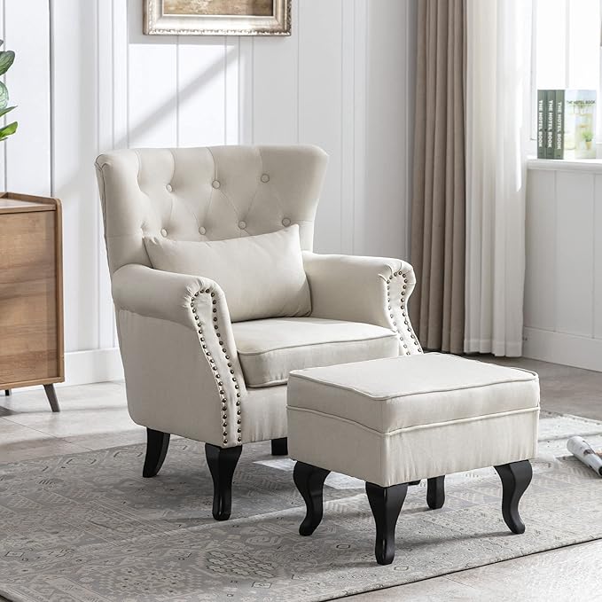 DM Furniture Accent Chair with Ottoman Modern Button Tufted Armchair Wingback Club Chair Linen Fabric Single Sofa Lounge Chair with Pillow for Living Room Bedroom, Beige