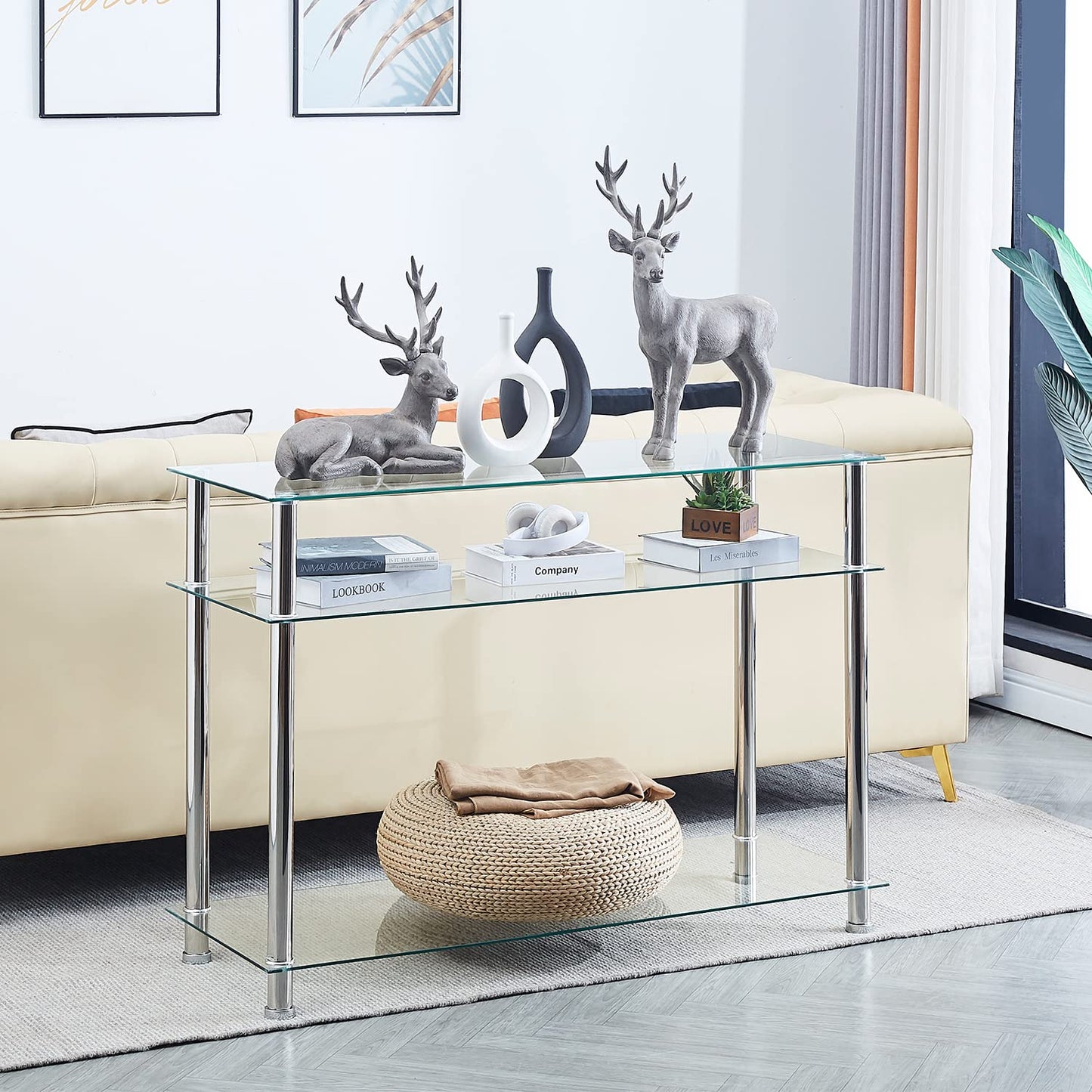 paonne Silver Glass Console Table for Entryway, Modern and Comtemporary 3 Tiers Glass Couch Table with Chrome Legs Living Room Hallway & Foyer Table
