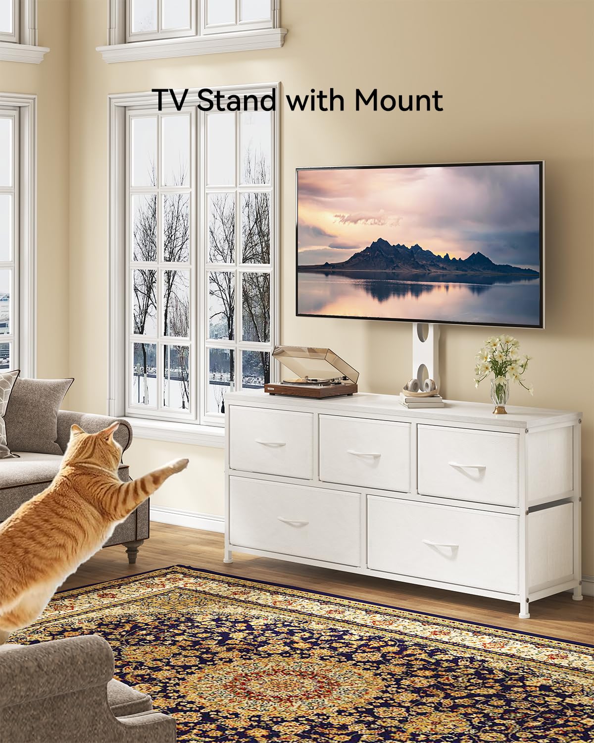 DrawXynth TV Stand with Mount, Fabric Dresser with 5 Drawers for 32/45/55/60/65/75 inch TVs, White Dresser Entertainment Center, Modern Media TV Console Table