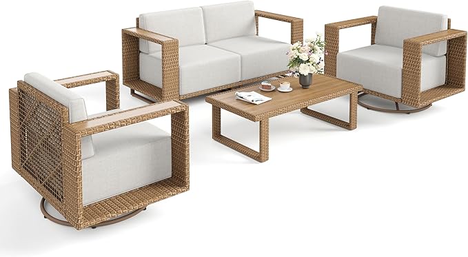 5 Pieces Patio Furniture Set,Outdoor Wicker Conversation Set with Swivel Chairs,All Weather Patio Conversation Set for Lawn Garden Backyard,Beige