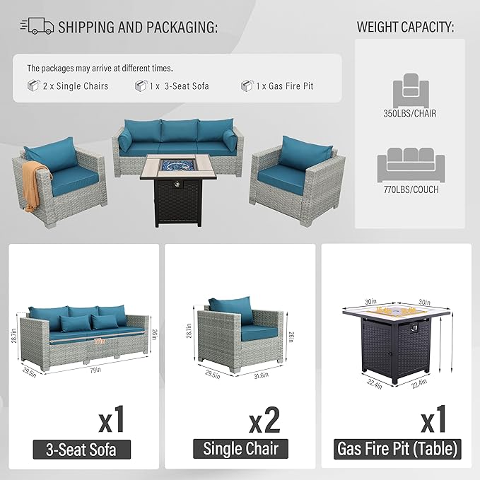 WAROOM Patio Furniture Set 4 Piece Wicker Conversation Sets PE Rattan Chair Outdoor Couch Sectional Sofa with 30" Fire Pit Table, Peacock Blue Cushion