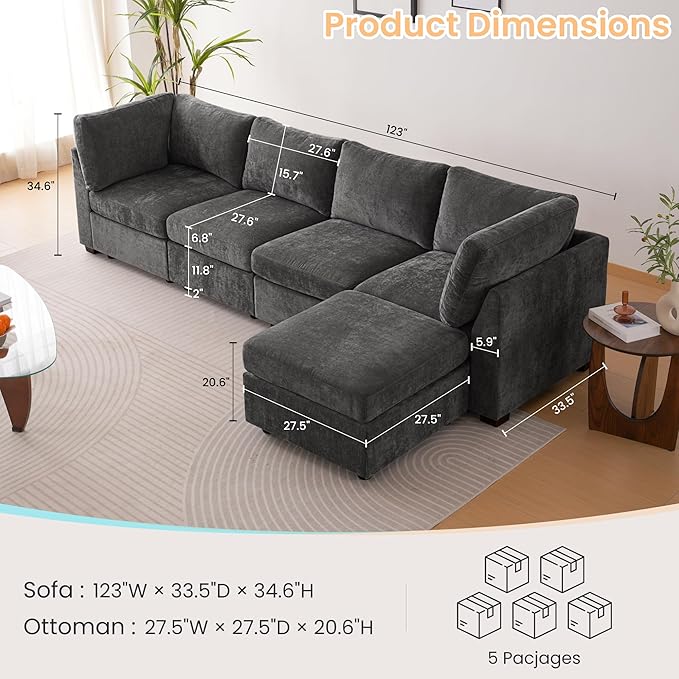 TEKAMON 123" Modular Sectional Sofa,Extra Large Comfy Cloud Deep Seat, Reversible Chaise Modular Sectional Couches for Living Room and Apartmenr,Grey 4steaer