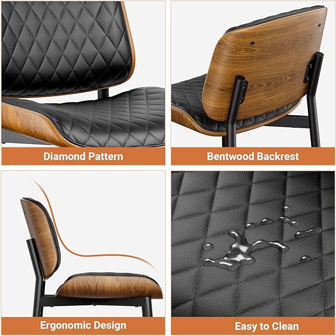 YaFiti Dining Chairs Set of 4, FSC Certified Mid Century Modern Accent Dining Room and Kitchen Chairs, Upholstered PU Leather Diamond Check Chairs with Walnut Bentwood and Metal Legs, Black