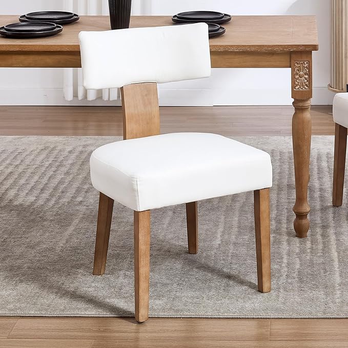 KHISCHMO Mid Century Modern Dining Chairs, Upholstered Linen Fabric Chairs with Curved Backrest and Wood Legs, Comfy Kitchen Vanity Chair for Dining Room/Living Room/Kitchen, Set of 2 Cream